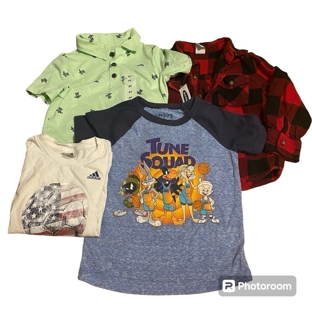 4 4T Shirt Bundle Red Black Plaid Space Jam Old Navy Sea Turtle Adidas Soccer